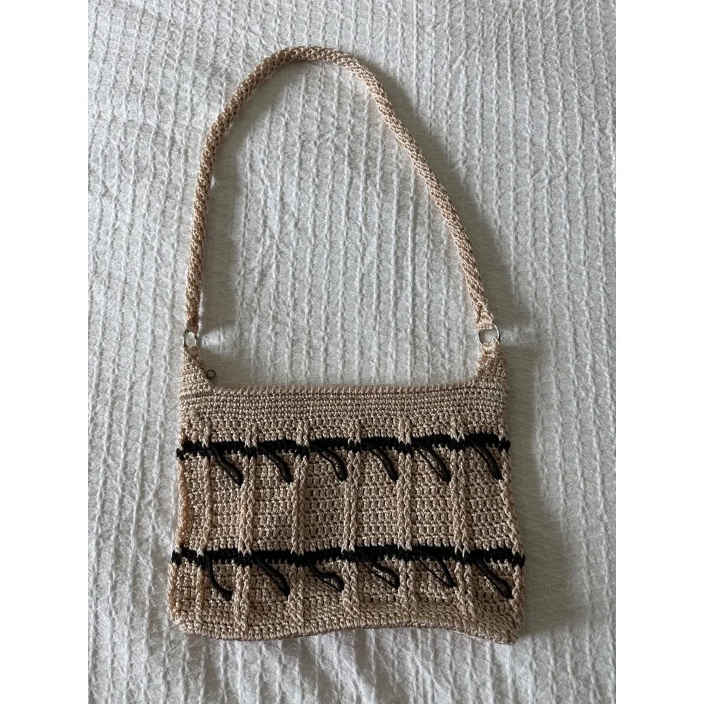 Crochet Shoulder Bag Women Small Beige Excellent Boho Woven Zipper